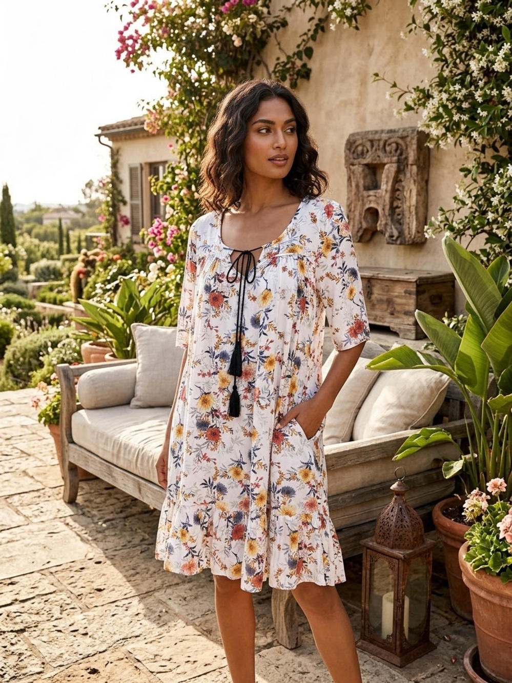 Altar'd State White Floral Midi Dress with Black Tassel